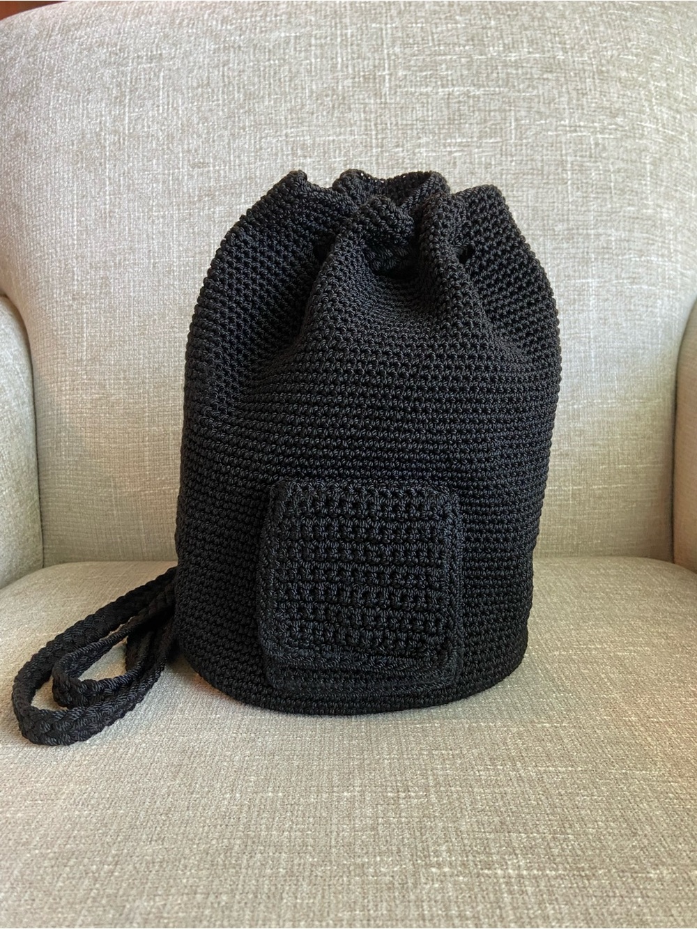 Vtg Y2K The Sak Black Crochet Drawstring Backpack Purse Boho Indie Grunge